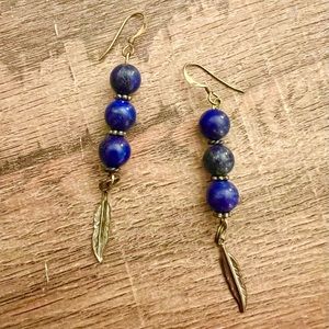 Cobalt Blue Stone Earrings with feathers